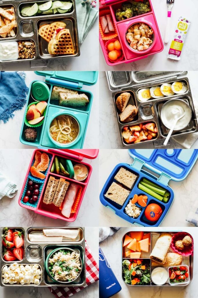 8 bento box lunches laid out with different foods packed inside each one.