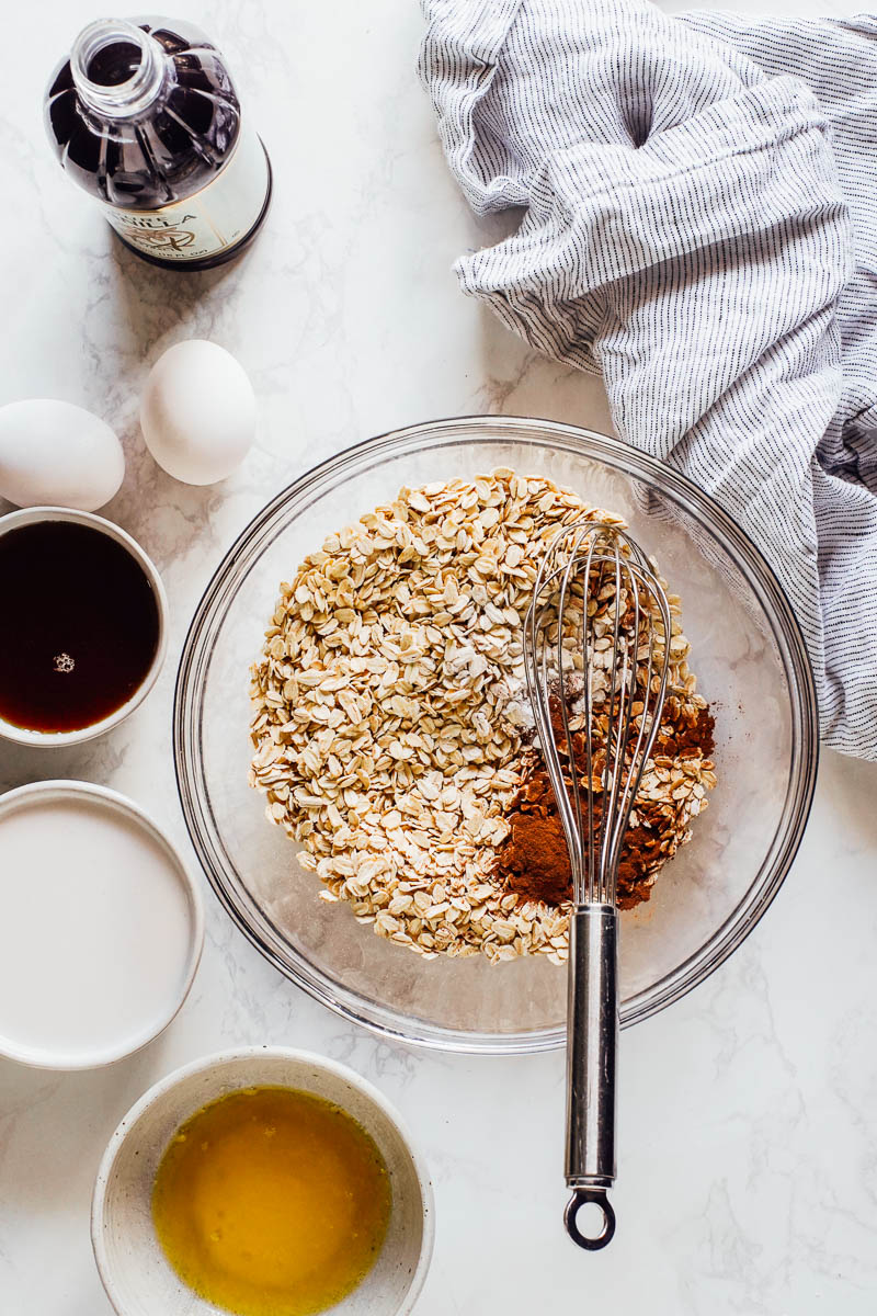 Dry ingredients in a large glass bowl.