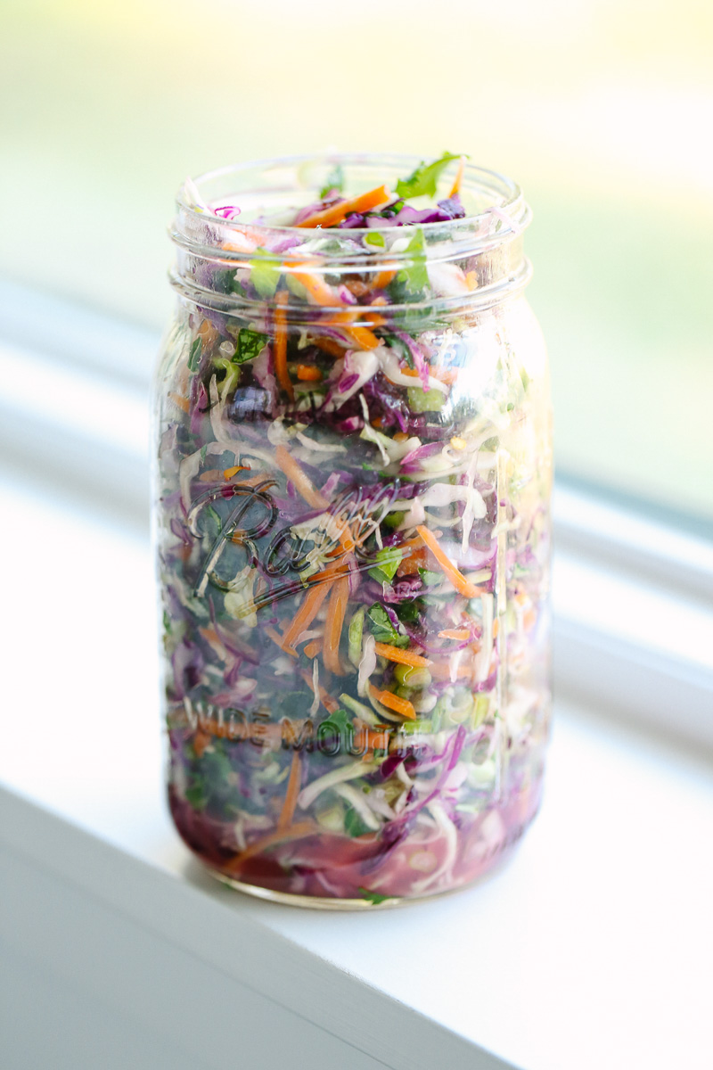 Slaw in a mason jar to store in the fridge.