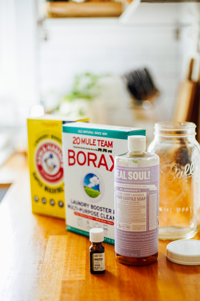 Ingredients needed to make homemade laundry soap.