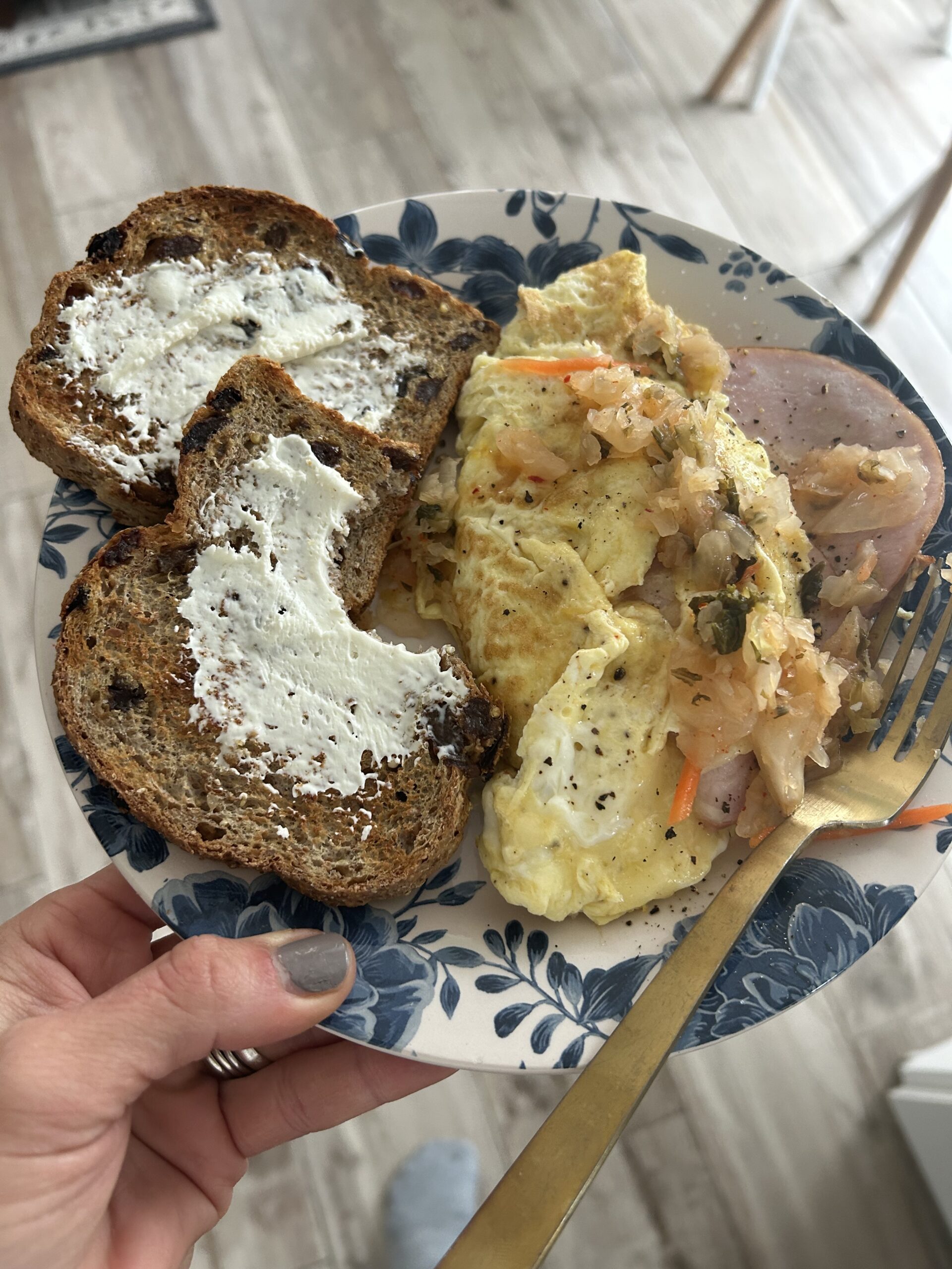 Ham omelet, cinnamon raisin toast breakfast. 