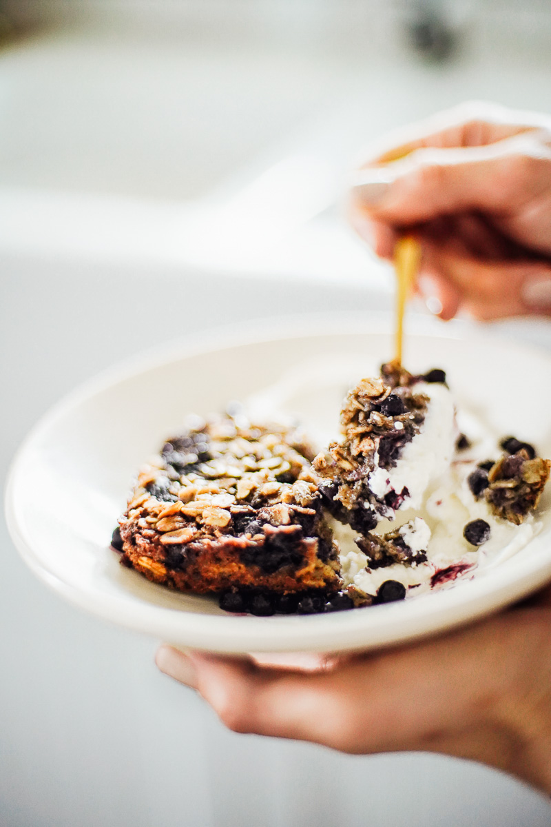 Baked oatmeal in a bowl with yogurt.