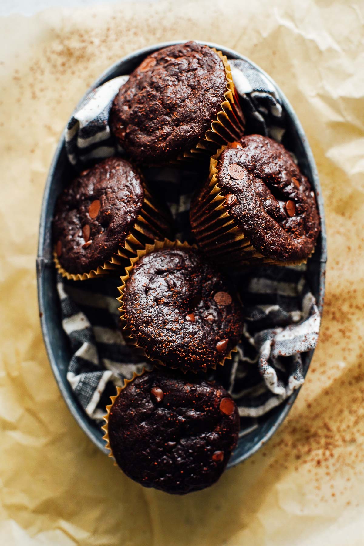 Chocolate zucchini muffins in a bowl. 