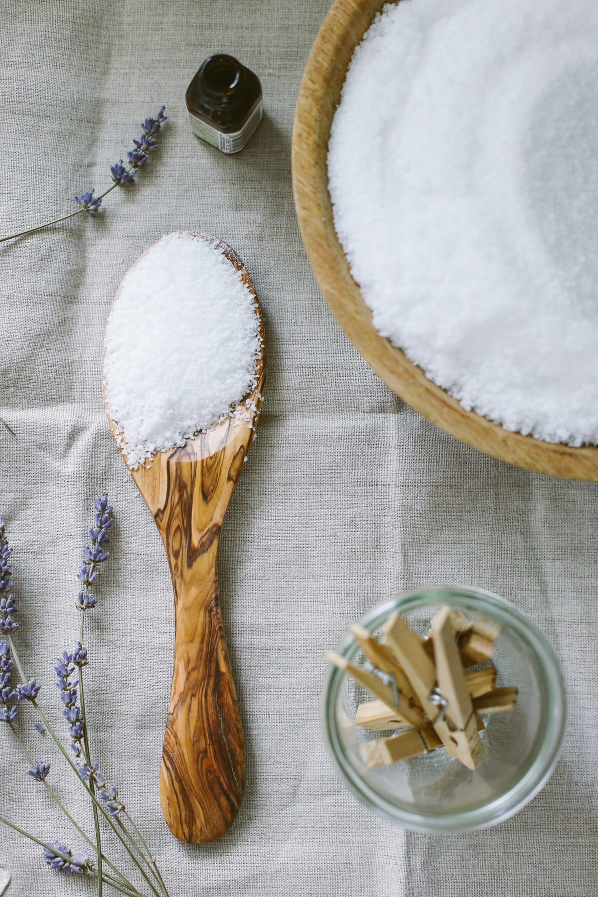 Salt and essential oil on the counter ready to make the scent booster. 