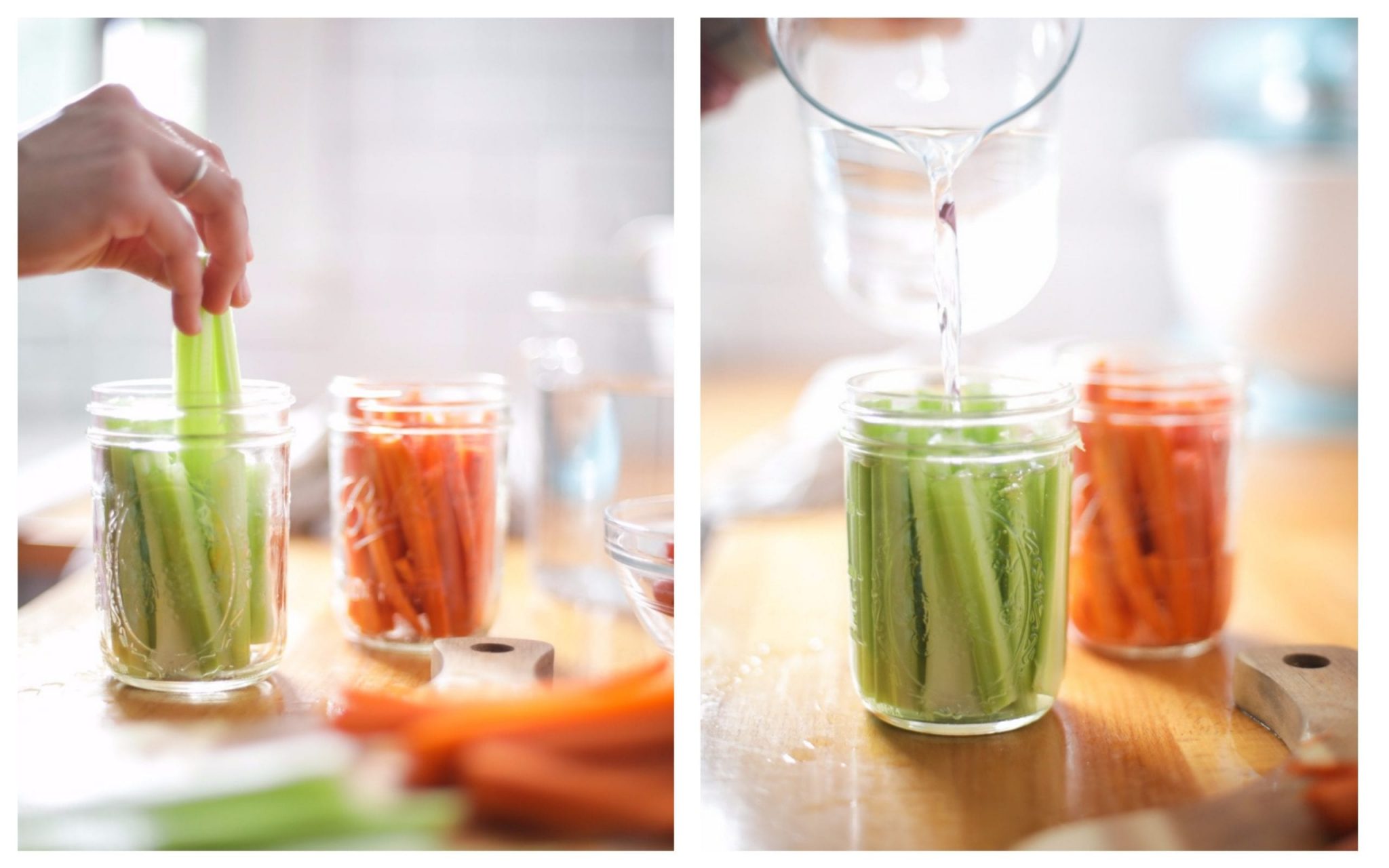 Adding celery and carrots to mason jars. 