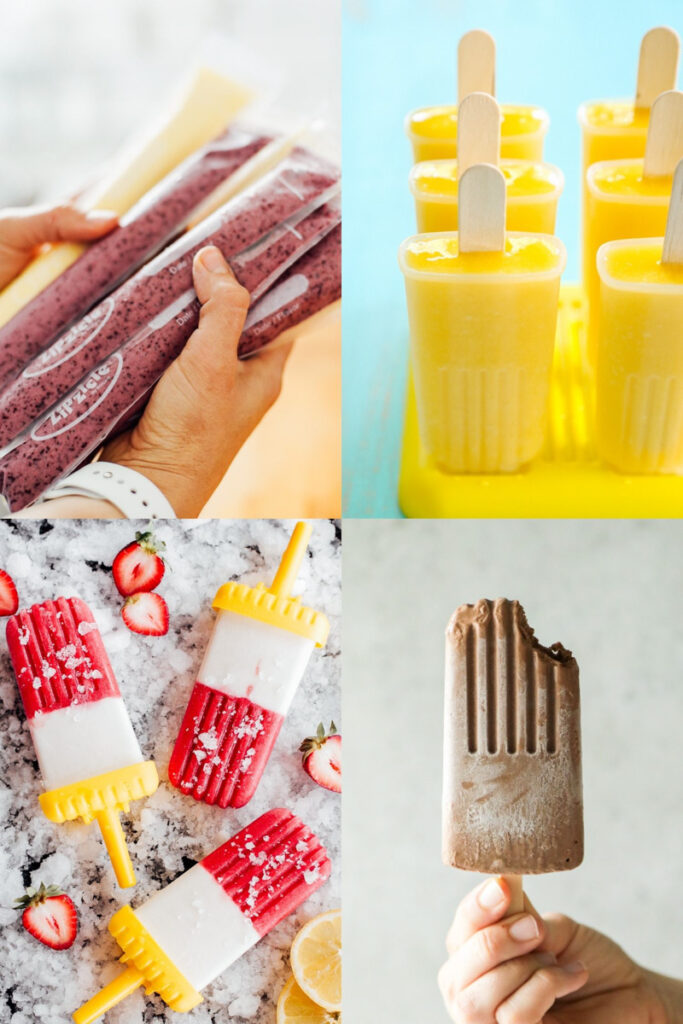 Homemade popsicles: fruit and yogurt ice pops, mango popsicles, strawberry cream pops, and fudge popsicles.