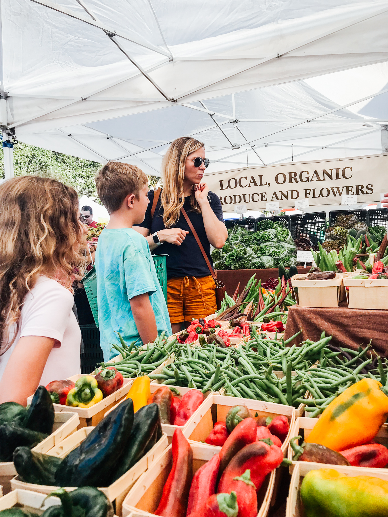 Mom and two kids shopping at a farmer's market looking for cilantro.