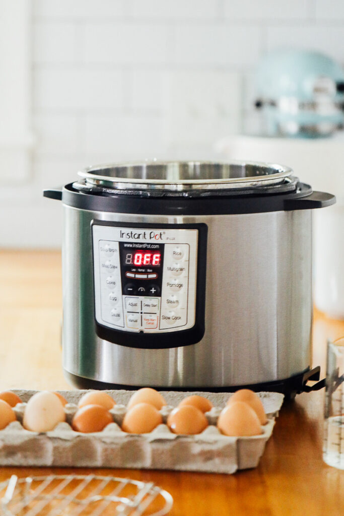 Eggs ready to go on the counter, next to the Instant Pot.