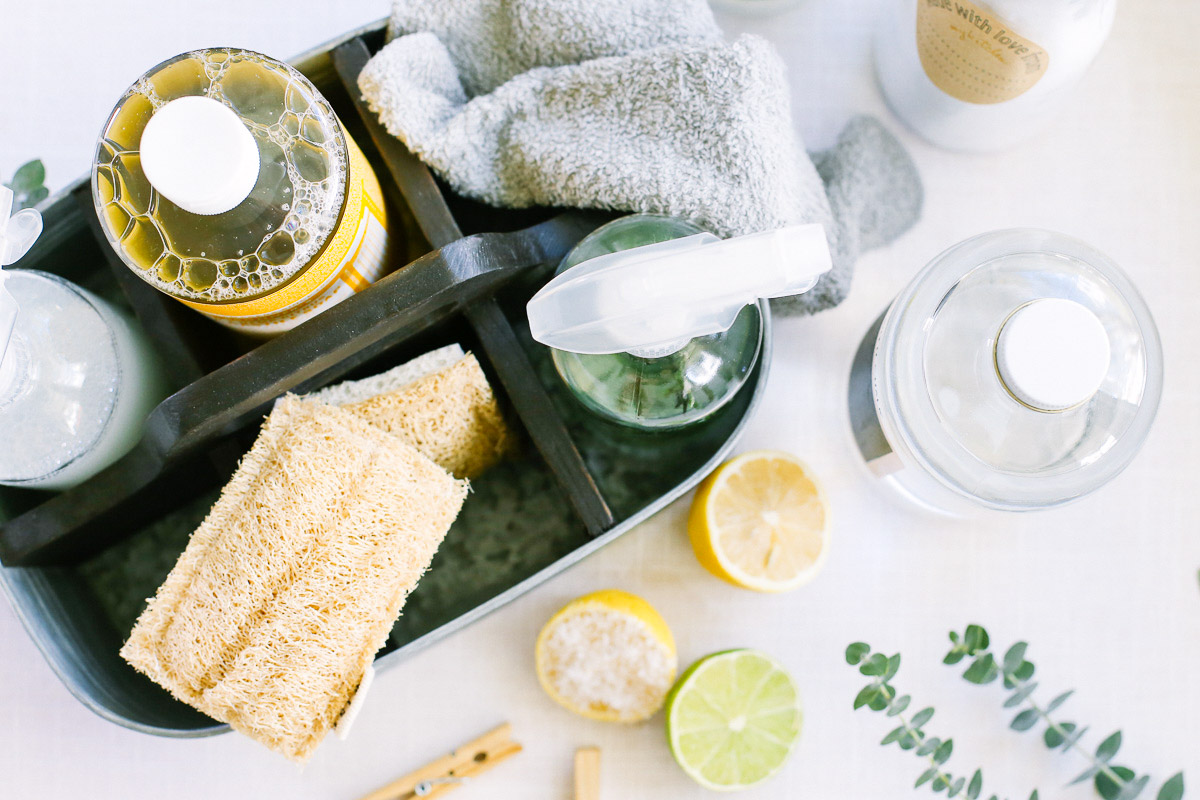 Cleaners in a cleaning caddy. 