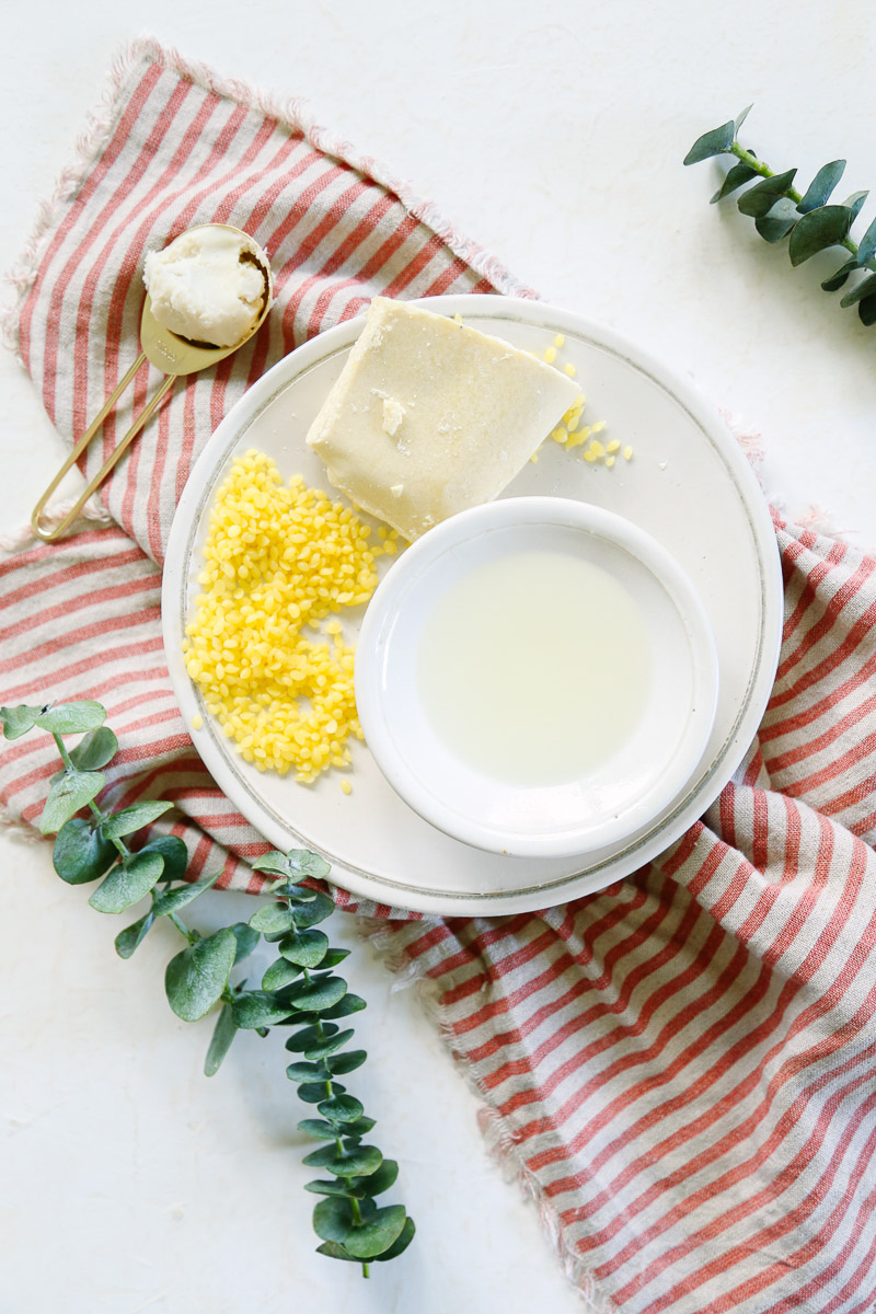 Ingredients needed to make lip balm: body butter, wax, and oil. 