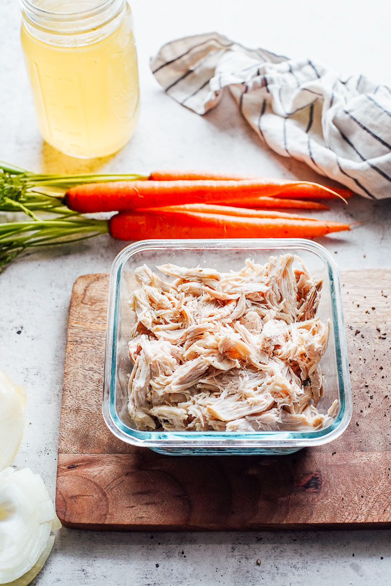 Cooked chicken in an airtight container.