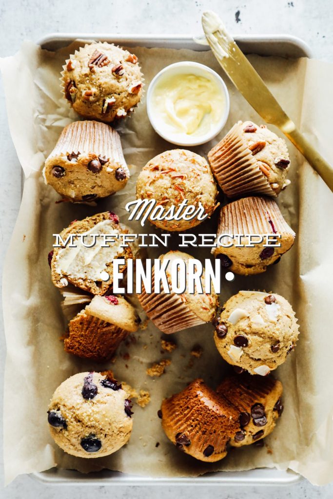 A master einkorn muffin recipe with multiple mix-in possibilities. Make these muffins your own by adding your favorite mix-ins.