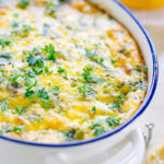 Egg, sausage, and cheese breakfast casserole in a baking dish, fresh from the oven.