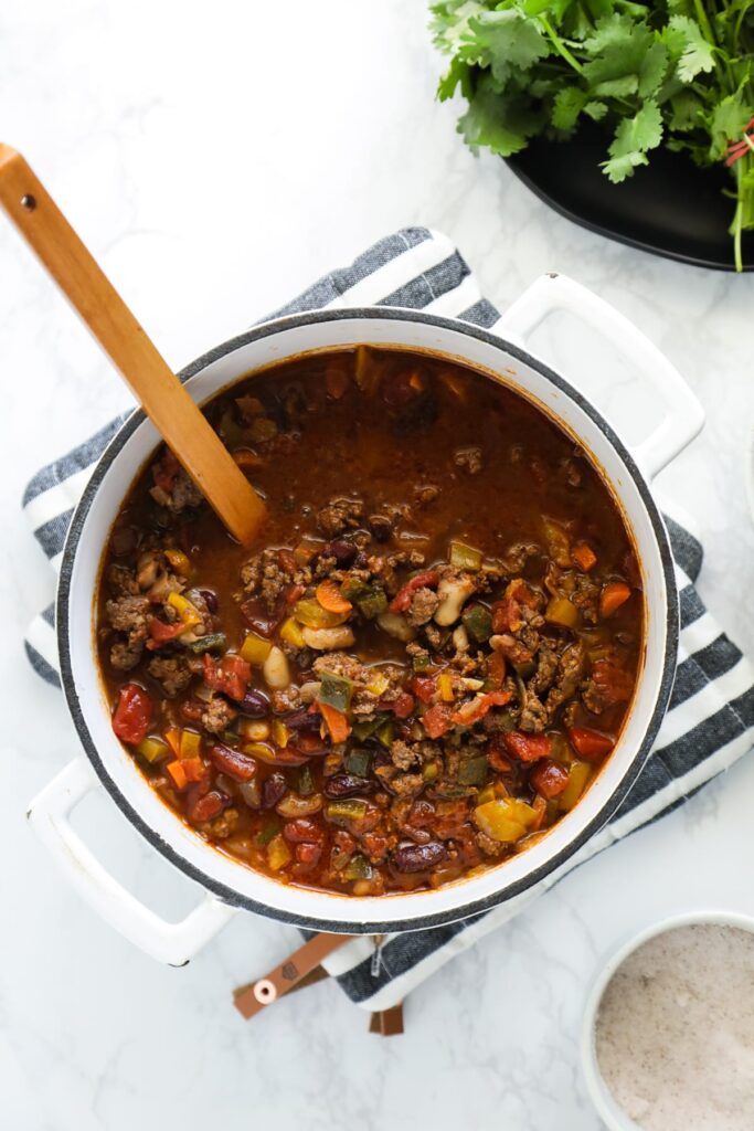 Chili in a dutch oven after simmering for 30 minutes. 