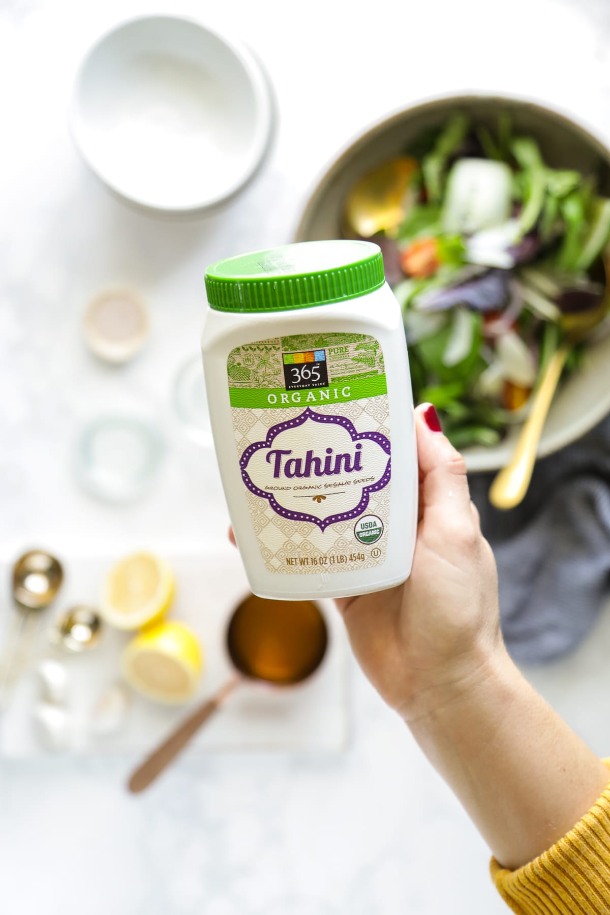 Tahini used to make the salad dressing. 