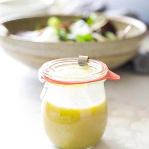 Salad dressing in a mason jar.