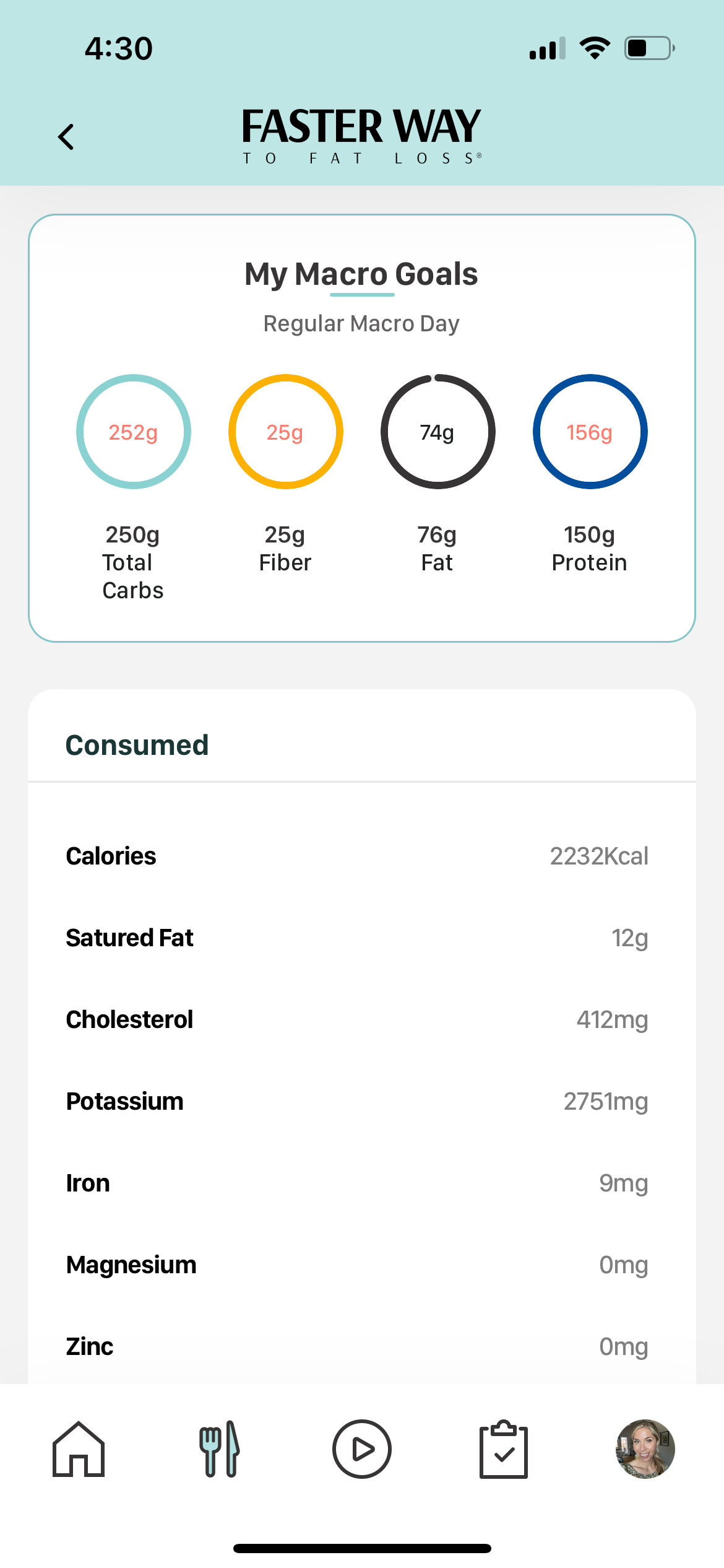 Faster way to fat loss macro tracker, showing macro breakdown and calories. 